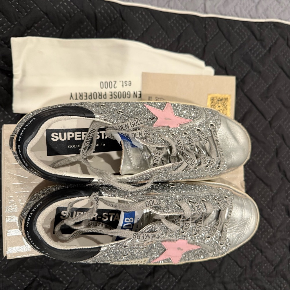 Golden Goose Sparkle Superstar Sneakers with pink star
